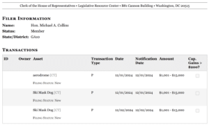 A screenshot of Collins’ most most modern financial disclosures (Clerk of the House of Representatives)